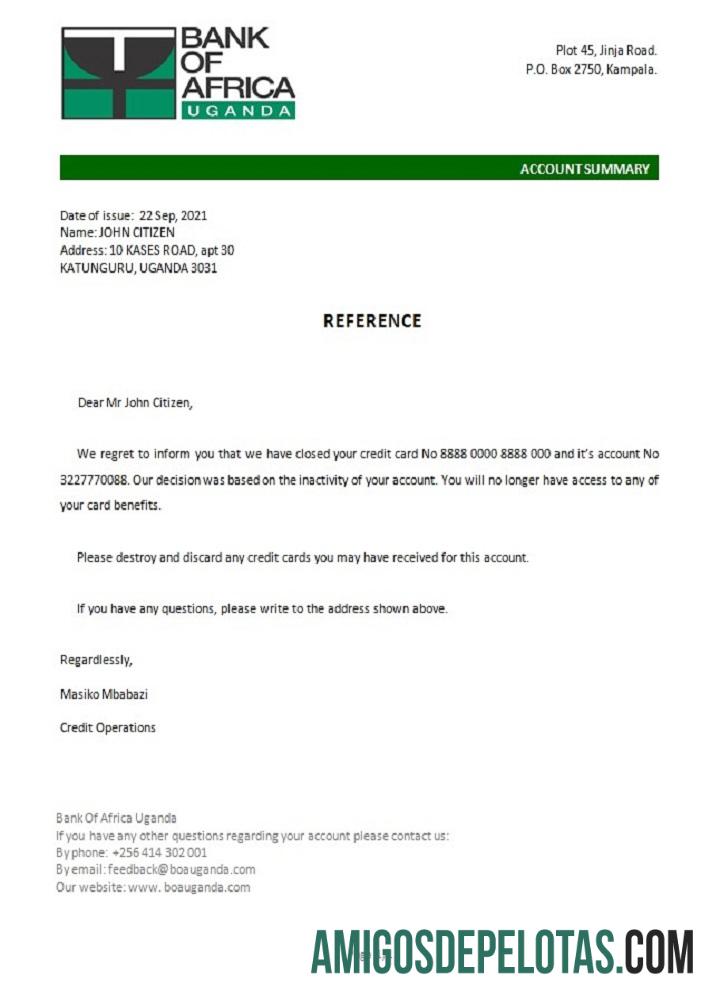 Referência de encerramento do Banco da África de Uganda modelo